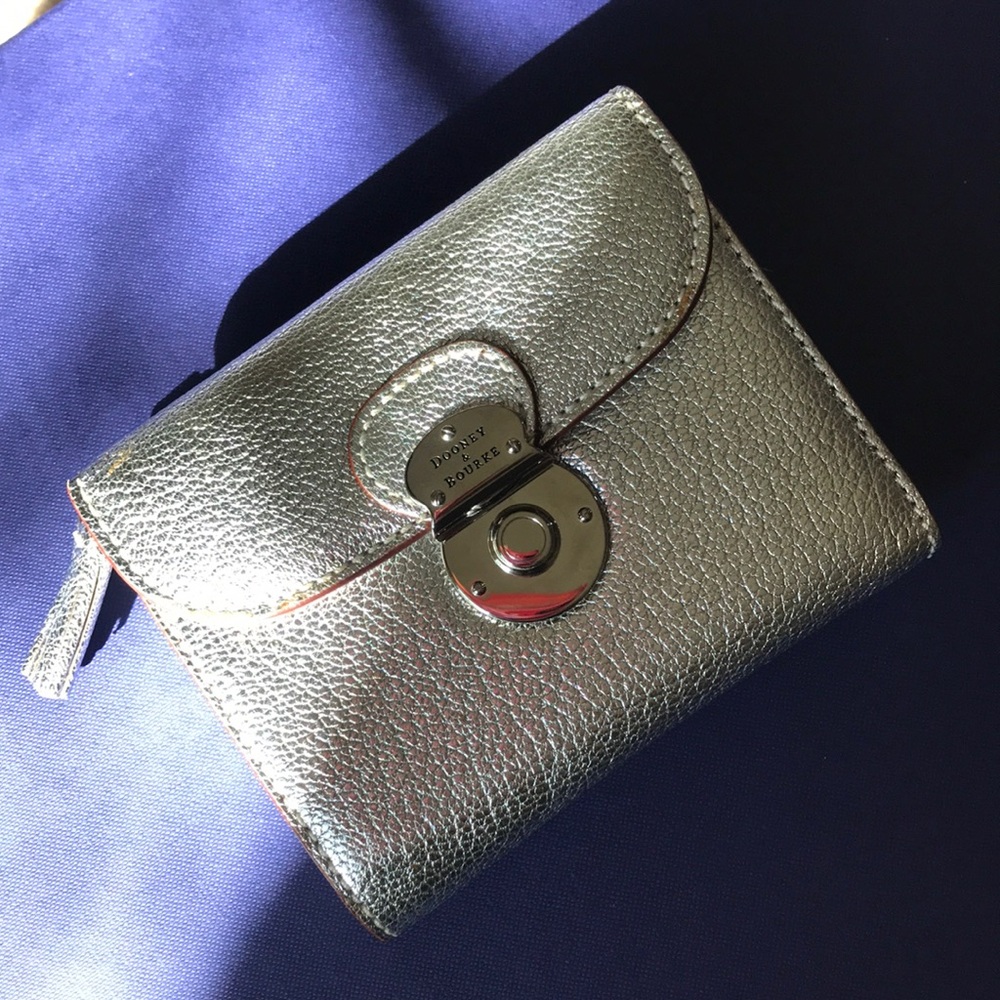 Dooney & Bourke Credit Card Tassel Zip Wallet in Silver, NEW